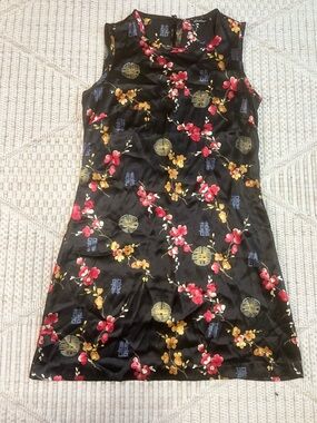 Younique Black Satin Mini Dress Cherry Blossom Double Happiness Print Size M